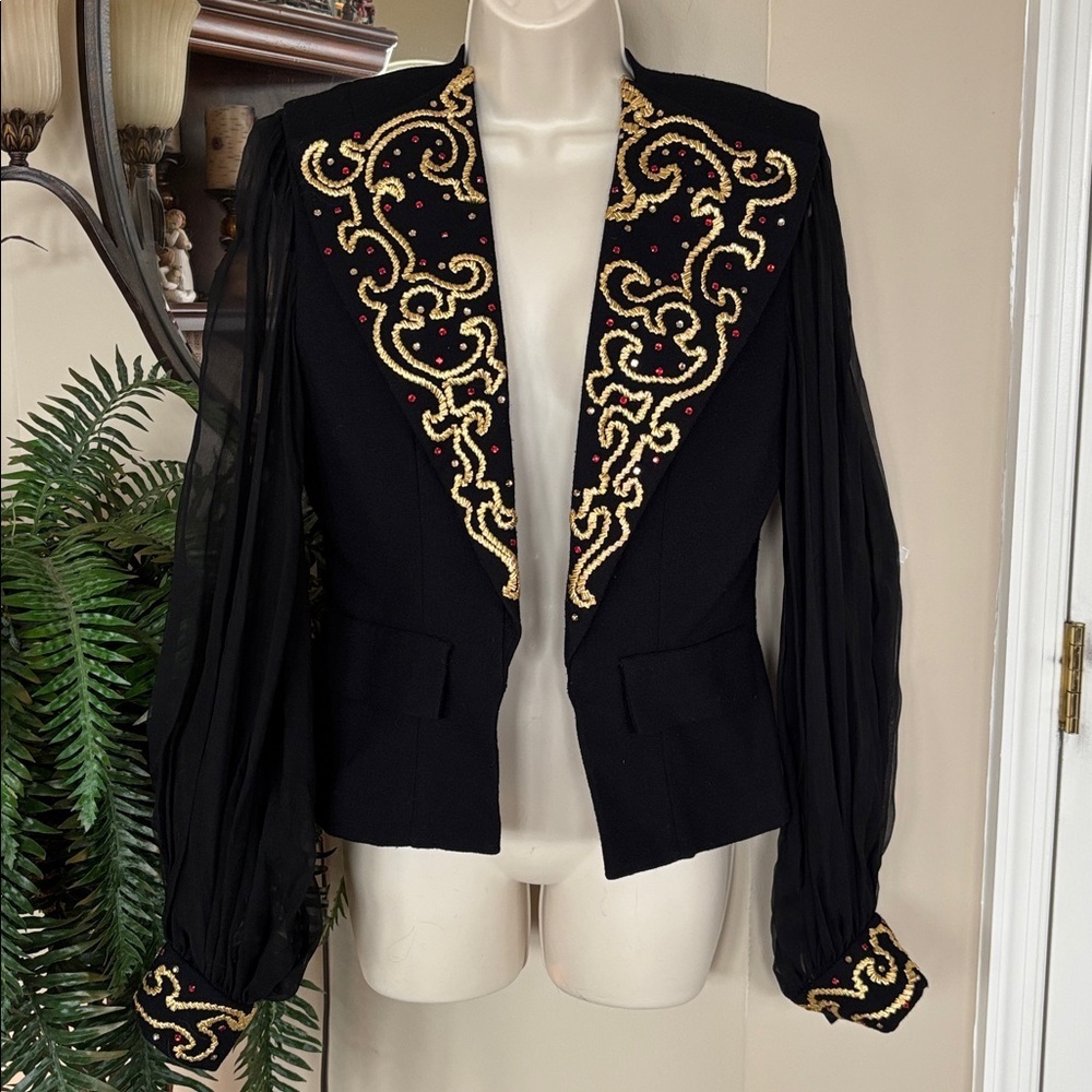 Vintage Jayna Black Evening Jacket Blazer w/ Gold Tone Embroidery Mesh Sleeves